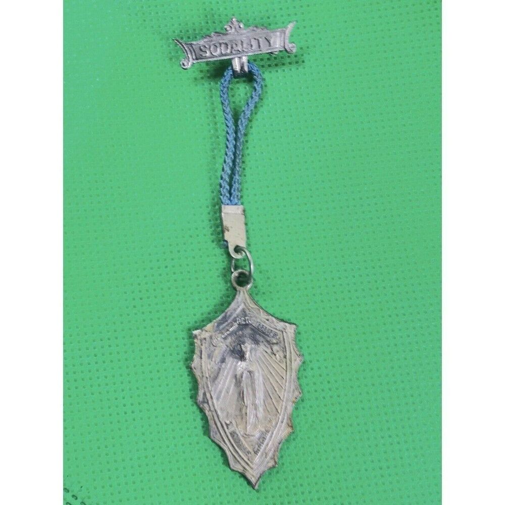 Vtg Catholic Sodality Of Our Lady Sacred Heart Medal Pin Ribbon 4" Jesus Mary